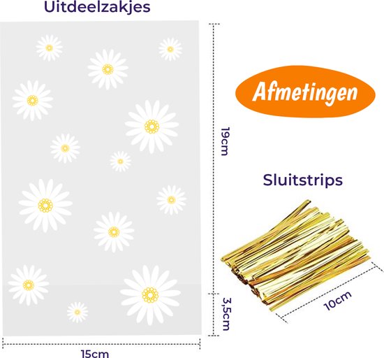 Afmetingen van uitdeelzakjes 15x19cm en sluitstrips 10cm.