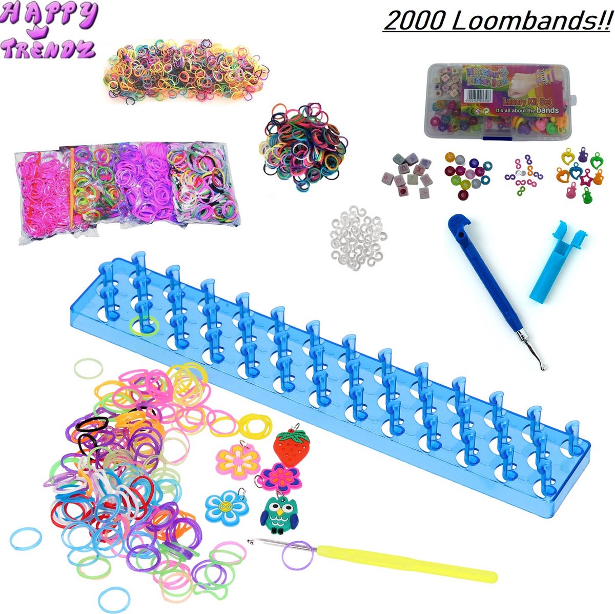Happy Trendz® Complete Metalen Haaknaald Set - 2000 Loom Bands, S-Clips, Letterkralen,Looms, Beeldjes, Loom Board en Haakje - Ultiem Super Loom Bands Pakket