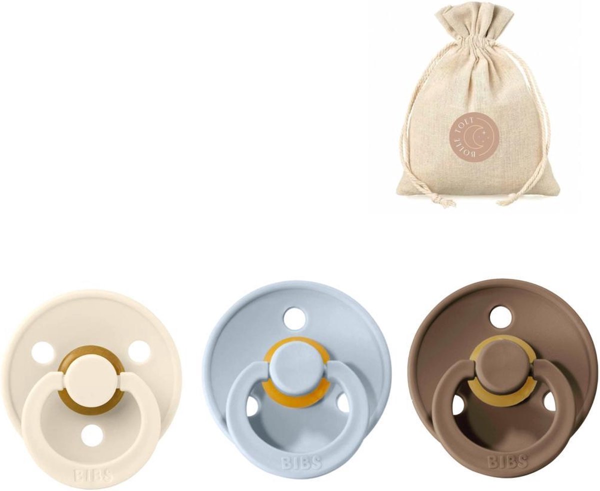 Goedkoopste BIBS spenen T1 met speenzakje - Ivory, Baby blue en Dark oak - 0 tot 6 maanden
