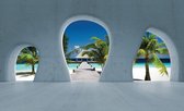 Fotobehang - Vlies Behang - 3D Malediven door de Betonnen Ramen - 312 x 219 cm