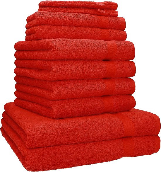 10-delige handdoekenset in 100% eersteklas katoen; twee douchehanddoeken, vier handdoeken, twee gastendoekjes, twee washandjes, rood, 70 x 140 cm 50 x 100 cm 30 x 50 cm 16 x 21 cm