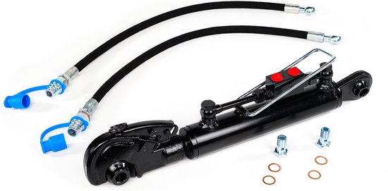 Zwarte hydraulische topstang met rode knoppen, twee slangen met blauwe dopjes en bevestigingsmateriaal.