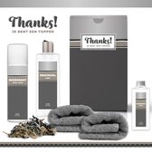 Geschenkset "Thanks! Je bent een topper" - 5 Producten - 650 Gram | Giftset voor hem - Luxe cadeaubox man - Douchegel - Deodorant - Scrubzout - Vader - Wellness - Pakket - Cadeau set bedankt - Bedankt - Thank You - Broer - Vriend - Collega 