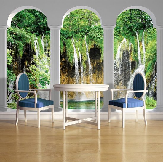Papier peint photo Peint Intissé - Chutes d'eau 3D vues à travers les Piliers - 254 x 184 cm
