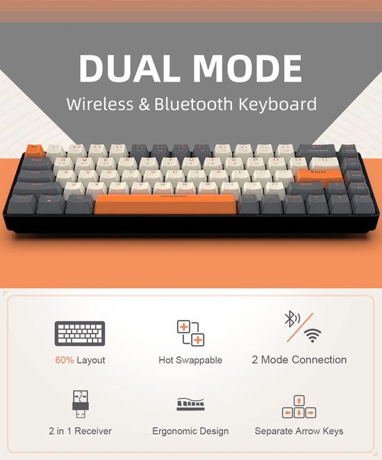 Wireless Gaming Keyboard - 60% Keyboard - Mechanisch Toetsenbord Draadloos - Red Switches - Bluetooth/Usb Draadloos - Merkloos