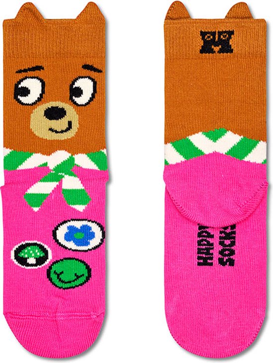Vrolijke roze sokken met berenprint, groen-wit gestreepte sjaal en patches. De achterkant heeft een oranje boord met een 'H' logo.