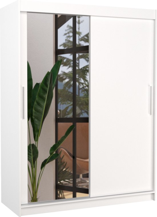 Kledingkast - Bianco - 2 schuifdeuren - Kledingkast met spiegel - Planken - Kledingroede - 150 cm - Sonoma - Ruime kledingkast