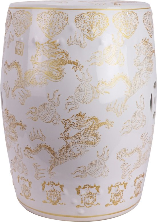 Witte keramische kruk met gouden draken en ornamenten, met perforaties aan de zijkant.