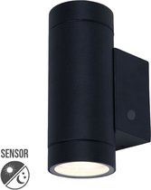Buitenlamp met sensor dag en nacht - Wandlamp buiten - Sami - Zwart - IP65 - Geschikt voor 2 GU10 spots - Ø 65 mm