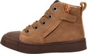 Cognackleurige veterboot met rits, bruine zool en patch op de zijkant.