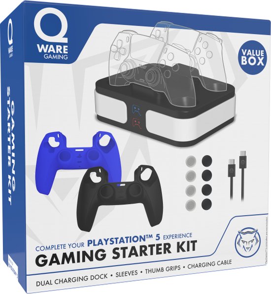Qware Gaming – PS5 Bundel – Fast – Charger – Oplader – Silicone Grips – Laadkabel – Thumbgrips – Starterkit – Charging station – Charger – Dual Controller – LED Indicatie – Dual Charging – Docking station – PS5