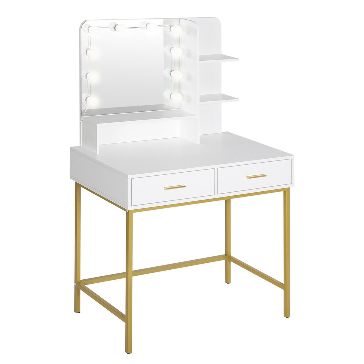 BukkitBow - Kaptafel / Make-up Tafel met LED Verlichting – Blad met 2 Grote laden - Cosmetische Tafel voor Slaapkamer - Met 10 Led Lampen en Spiegel