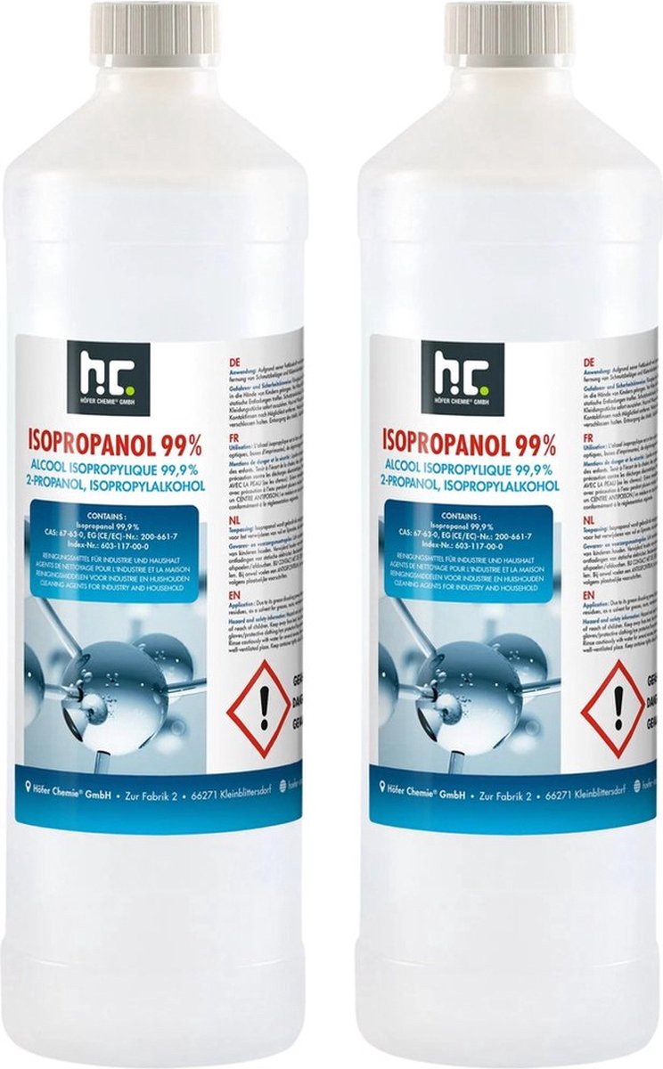 Alcohol isopropylique - Isopropanol - IPA - Isopropyle - 99,9% Zuiver -  2x1000ml - 2