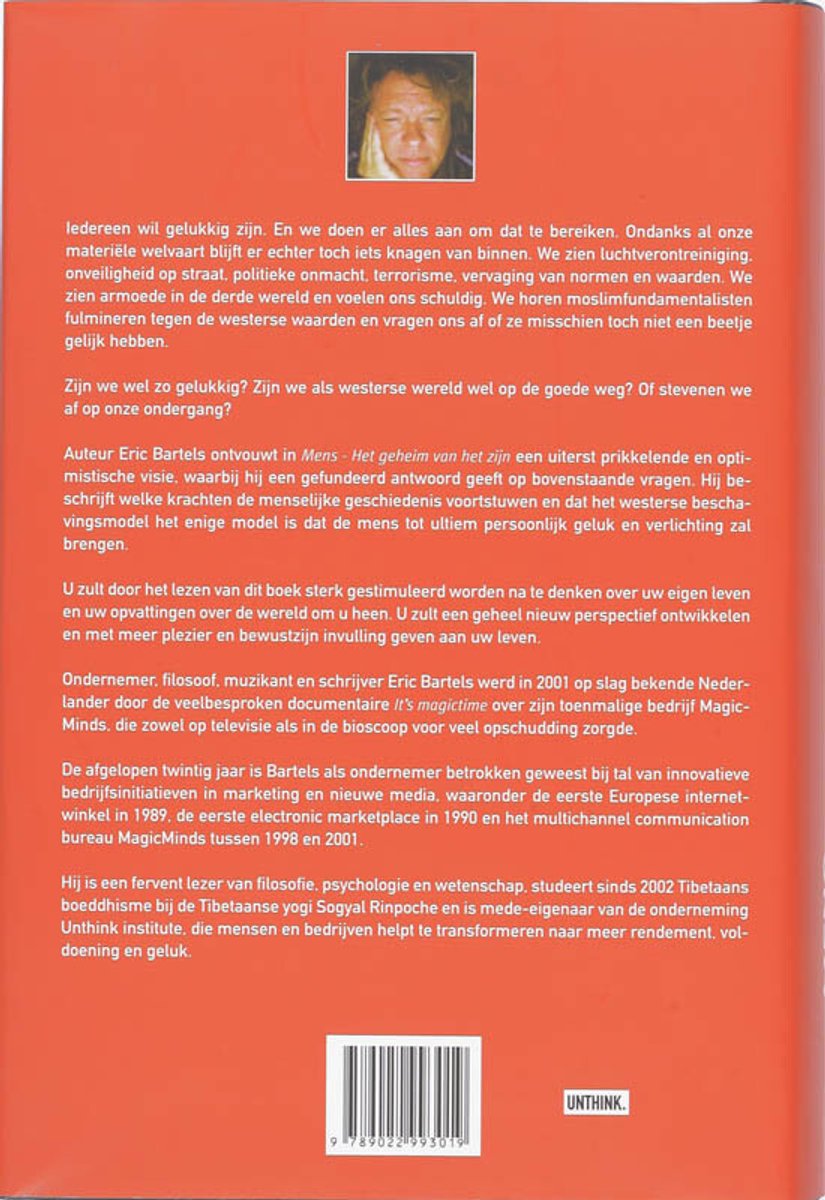 Boekomslag van "Mens - Het geheim van het zijn" met tekst over geluk, westerse waarden en de auteur Eric Bartels.
