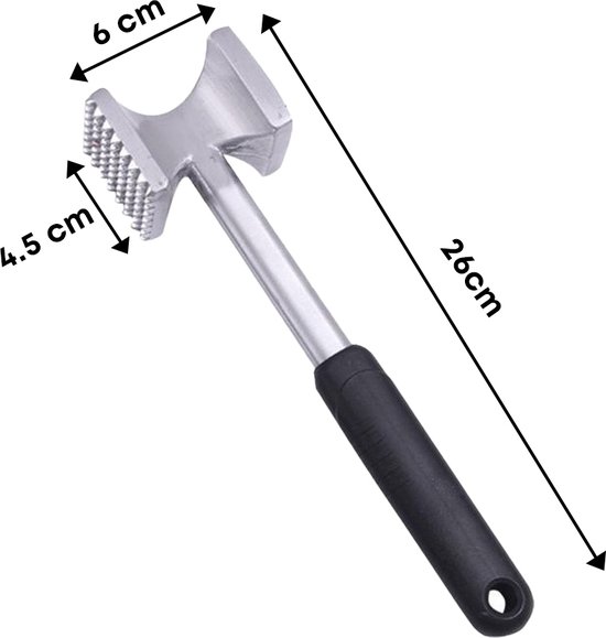 Maillet à viande avec dimensions : 26 cm de long, tête de 6 cm de large et 4,5 cm de profondeur.