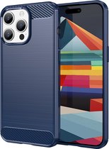 iPhone 15 Pro Max Hoesje - MobyDefend TPU Gelcase - Geborsteld Metaal + Carbonlook - Blauw - GSM Hoesje - Telefoonhoesje Geschikt Voor iPhone 15 Pro Max