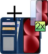 Hoes Geschikt voor iPhone 15 Pro Max Hoesje Book Case Hoes Flip Cover Wallet Bookcase Met 2x Screenprotector - Donkerblauw