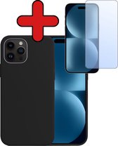 Hoesje Geschikt voor iPhone 15 Pro Hoesje Siliconen Case Hoes Met Screenprotector - Hoes Geschikt voor iPhone 15 Pro Hoes Cover Case - Zwart