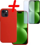 Hoes Geschikt voor iPhone 15 Hoesje Siliconen Back Cover Case Met Screenprotector - Hoesje Geschikt voor iPhone 15 Hoes Cover Hoesje - Rood