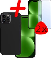 Coque pour iPhone 15 Pro Coque Siliconen avec 2x Protecteur d'écran Tempered Glass - iPhone 15 Pro Protecteur d'écran 2x Verre de Protection avec Coque Arrière - Zwart