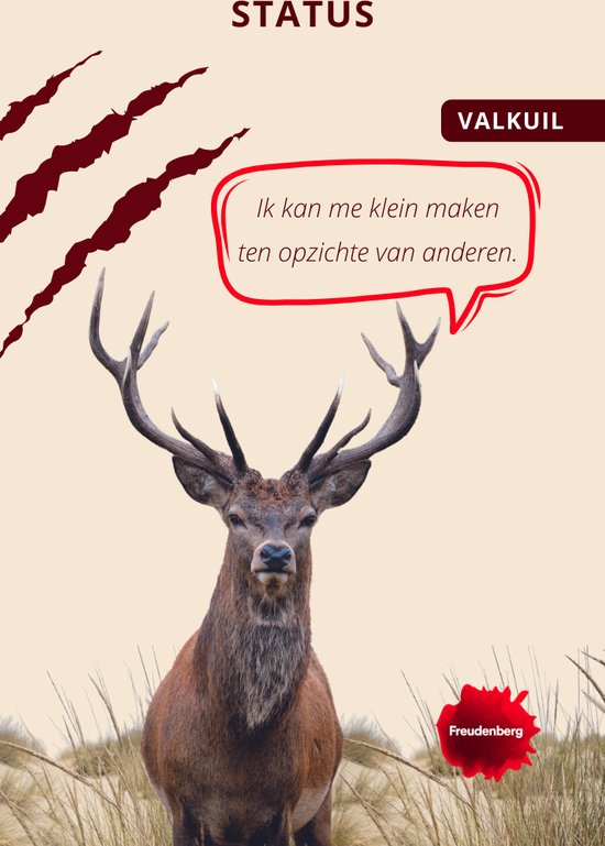 Manlijk hert met gewei staat in het gras, met tekst 'Ik kan me klein maken ten opzichte van anderen.'