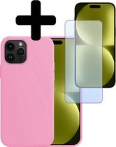 Hoesje Geschikt voor iPhone 15 Pro Hoesje Siliconen Case Met Screenprotector - Hoes Geschikt voor iPhone 15 Pro Hoes Siliconen - Lichtroze