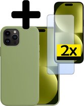 Hoesje Geschikt voor iPhone 15 Pro Hoesje Siliconen Case Met 2x Screenprotector - Hoes Geschikt voor iPhone 15 Pro Hoes Siliconen - Groen