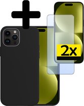 Hoesje Geschikt voor iPhone 15 Pro Hoesje Siliconen Case Met 2x Screenprotector - Hoes Geschikt voor iPhone 15 Pro Hoes Siliconen - Zwart.