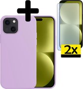 Hoesje Geschikt voor iPhone 15 Hoesje Siliconen Case Met 2x Screenprotector - Hoes Geschikt voor iPhone 15 Hoes Siliconen - Lila.