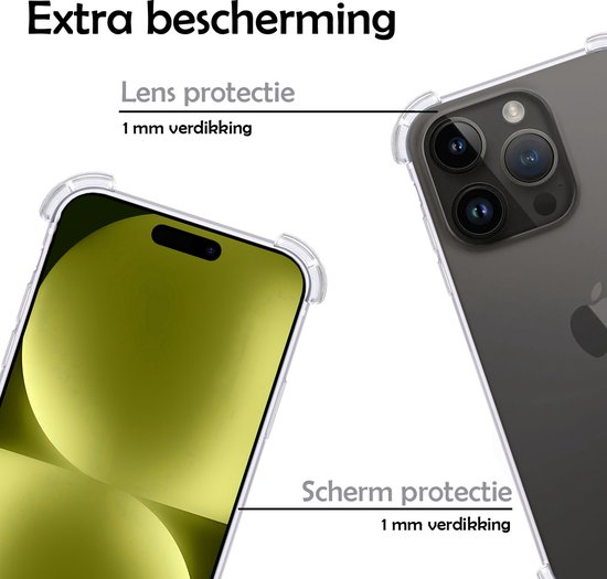 Detailopname van een transparante iPhone 15 Pro hoes die 1 mm extra bescherming biedt voor de lens en het scherm.