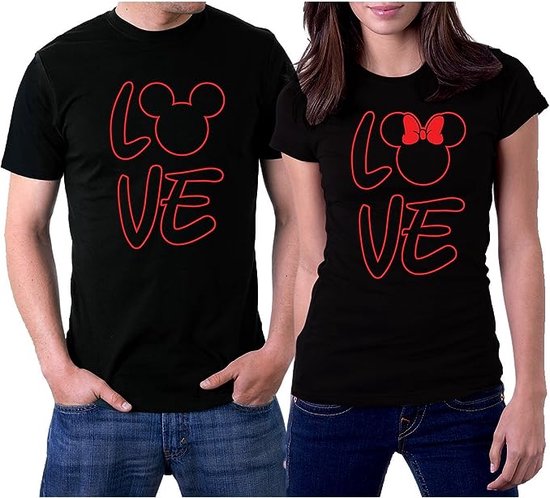 PicOnTshirt - Teetalks Series - T-Shirt Dames - T-Shirt Heren - T-Shirt Met Print - Couple T-Shirt Met Love Print - 2 Pack - Zwart - Heren S/Dames S