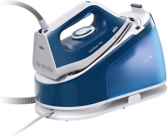 Braun CareStyle 1 Pro stoomgenerator in blauw en wit met een waterreservoir van 1,7 liter.