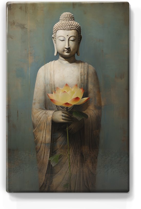 Boeddha met bloemen - Mini Laqueprint - 9,6 x 14,7 cm - Niet van echt te onderscheiden handgelakt schilderijtje op hout - Mooier dan een print op canvas. - LPS530