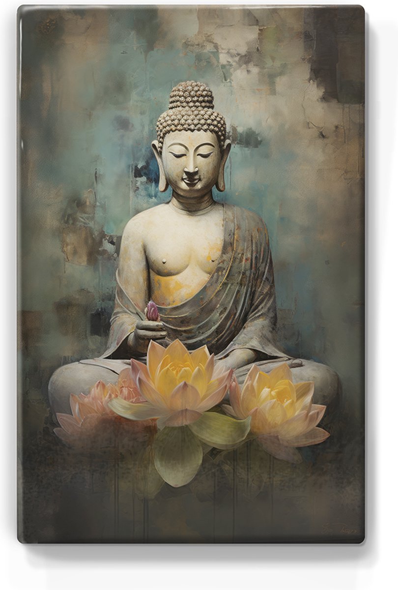 Boeddha met bloemen - Laqueprint - 19,5 x 30 cm - Niet van echt te onderscheiden handgelakt schilderijtje op hout - Mooier dan een print op canvas. - LP534