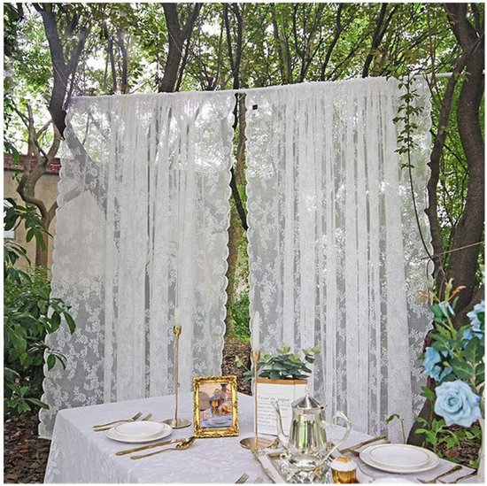 Rideau en dentelle voilage rideau blanc floral brodé rideaux en dentelle avec rideau embrasser des voilages pour salon chambre décoration de mariage (lot de 2) (2x H/L : 150/200 cm)