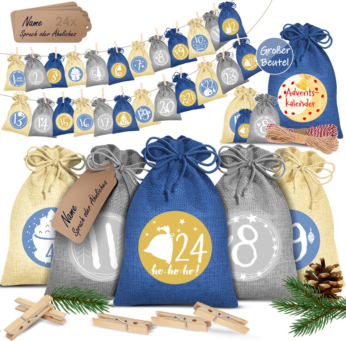 KESSER® Adventskalender om zelf te vullen 24 Jute Zakjes Bedrukte Stoffen Kerst Zakjes Incl. 24x Labels + 1 Grote Stoffen Opbergzak Advent Kalender -Blauw / 14 cm x 10 cm