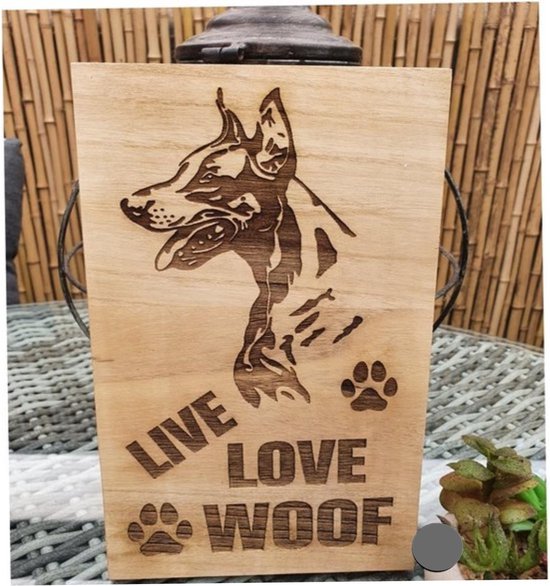 Houten tekstbord Spreukenbord Doberman Live Love Woof Cadeau Geschenk Verjaardag Wand Decoratie Gelaserd Handgemaakt