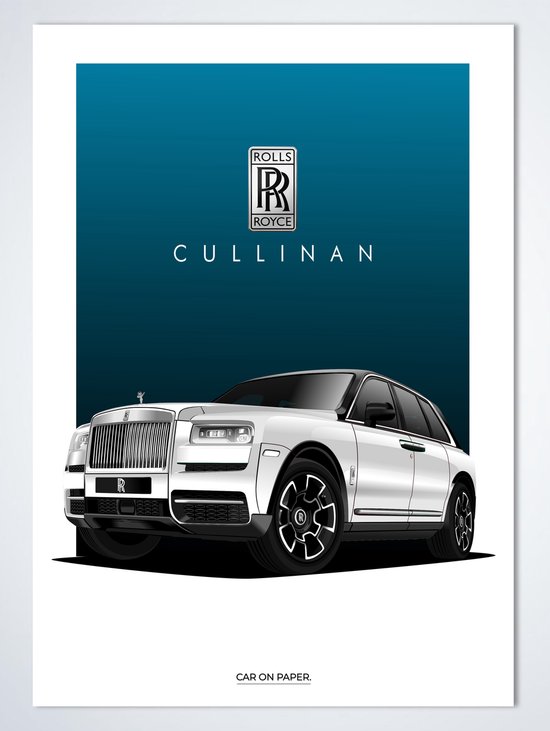 Rolls Royce Cullinan Wit op Poster - 50 x 70cm - Auto Poster Kinderkamer / Slaapkamer / Kantoor