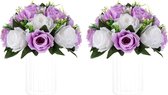 Kunstbloem voor tafeldecoratie: 2 stuks paars en wit roze bloemen ballen 24 cm diameter voor tafeldecoratie kunstroos voor tafeldecoratie voor bruiloften