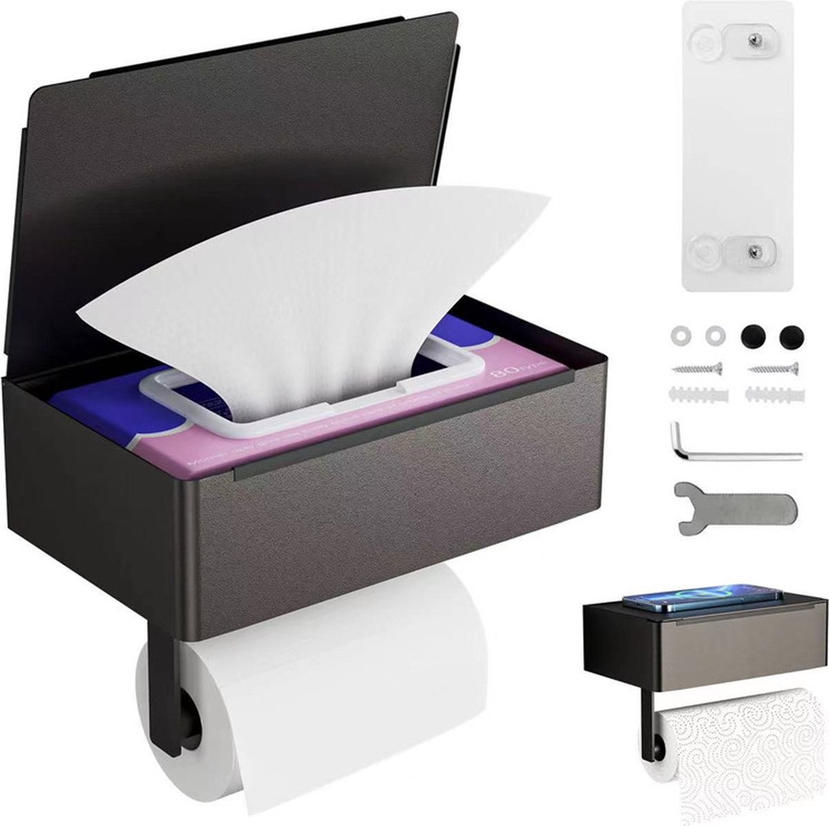 Porte Papier Toilette Mural Support Papier Toilette sans Perçage en Inox  avec 2 Porte Rouleau et Boîte à Lingettes Humides Noir