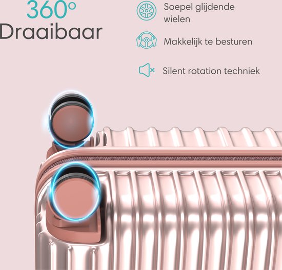 Close-up van de rose gouden koffer met 360° draaibare wielen en stille rotatietechniek.