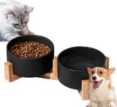 Katten voerbak en hondenbak met bamboestandaard, hondenbak keramiek/katten, keramiek, modern gewogen voederwater, geschikt voor katten en honden, 400 ml, zwart + zwart