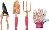 Tuingereedschapsset, 4 stuks tuinierscadeaus voor vrouwen, tuinschaar, handschoenen, troffel, cultivator tuingereedschap voor tuinieren, Moederdag, verjaardag, cadeaus roze