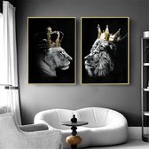 Leeuw en leeuwin met kroon canvasfoto's, zwart-wit dierenposterdecoratie, wilde dierenkunstprints voor woonkamer, woondecoratie zonder lijst (leeuw -1, 2 x 60 x 90 cm)