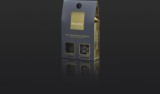 Gouden en grijze verpakking met vensters die Peperdrop en Salmiak truffels tonen.