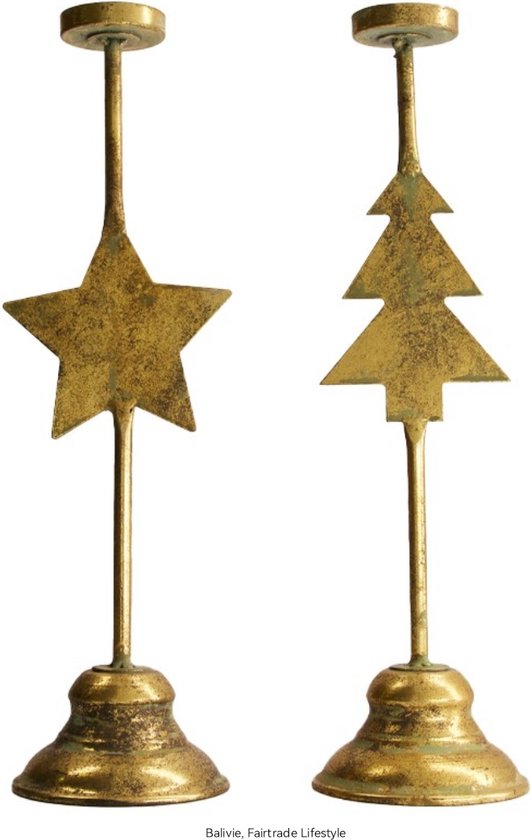 Balivie - Photophore - Bougeoir pilier - Bougeoir - Décoration de Noël - Métal - Or Antique - Set de 2 - Etoile de Noël & Sapin - Hauteur 36 cm