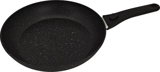 Zwarte koekenpan met granieten look en een zwart handvat.