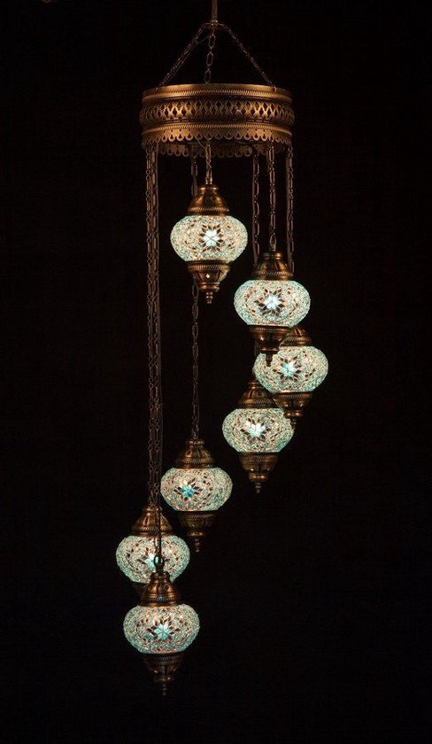 Hanglamp 7 bollen glas mozaïek beige blauw Turkse oosterse lamp Marokkaanse kroonluchter