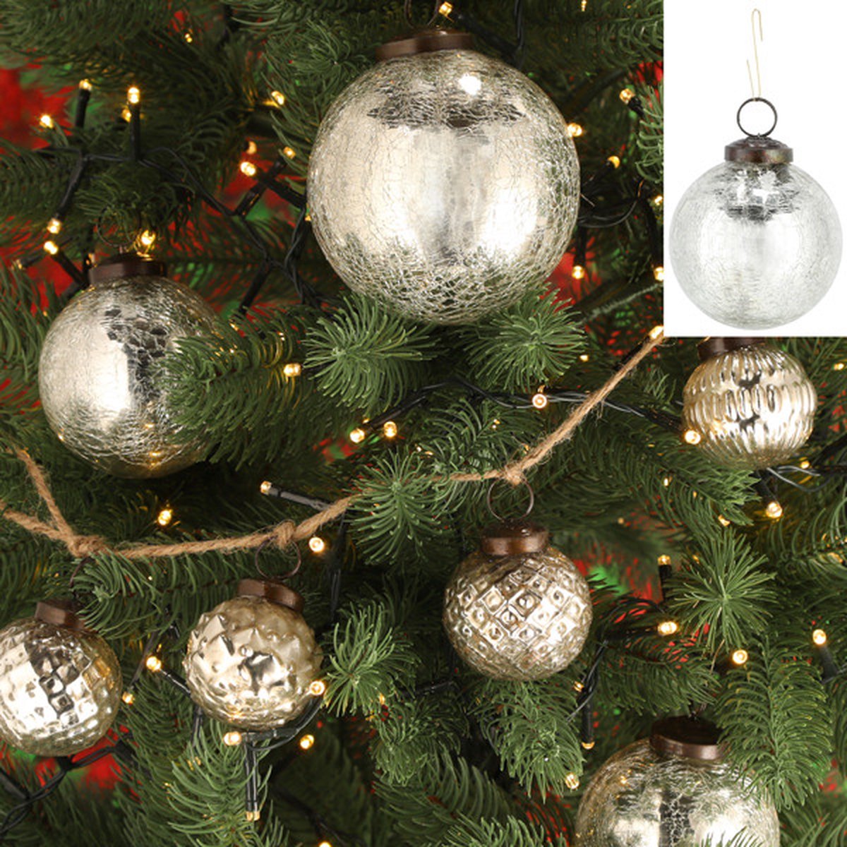 Kerstbal - Kerst boomballen craquelé, zilver, klein, ca. 8cm - 6 stuks
