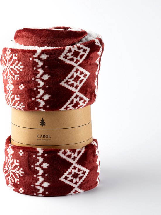 CAROL - Plaid 150x200 cm - fleece deken met sherpa en nordic print - Biking Red - rood
